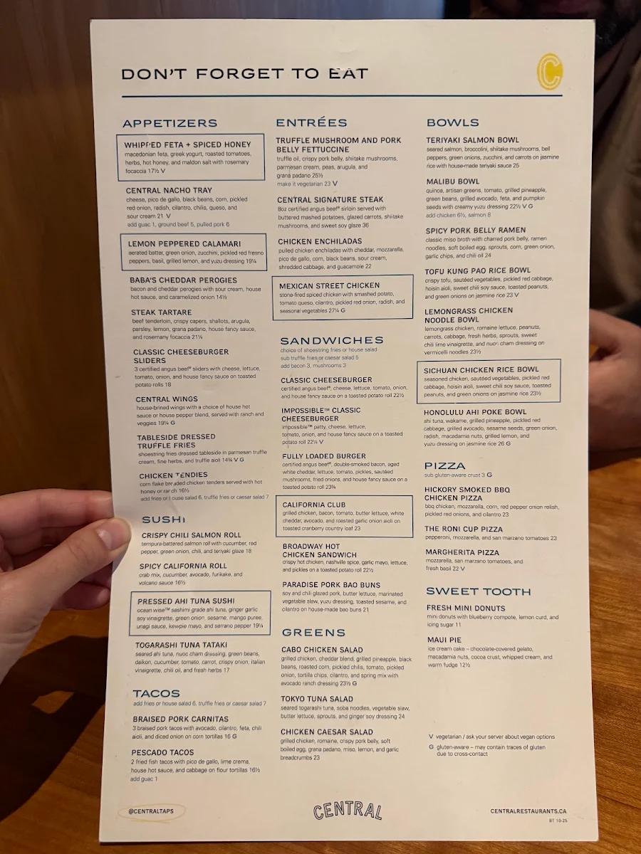 Menu, Central Restaurants - Vancouver Bentall