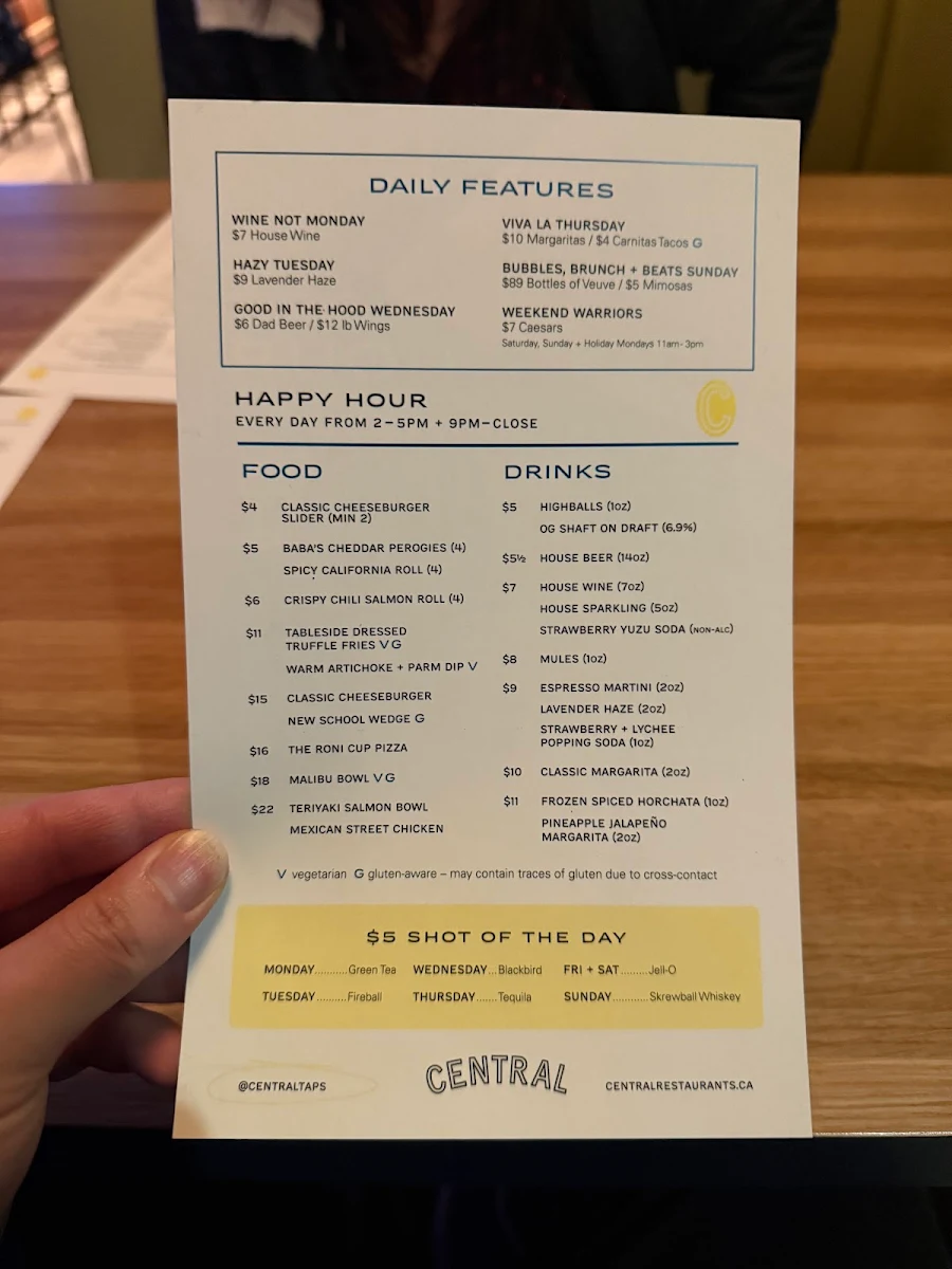 Menu, Central Restaurants - Vancouver Bentall