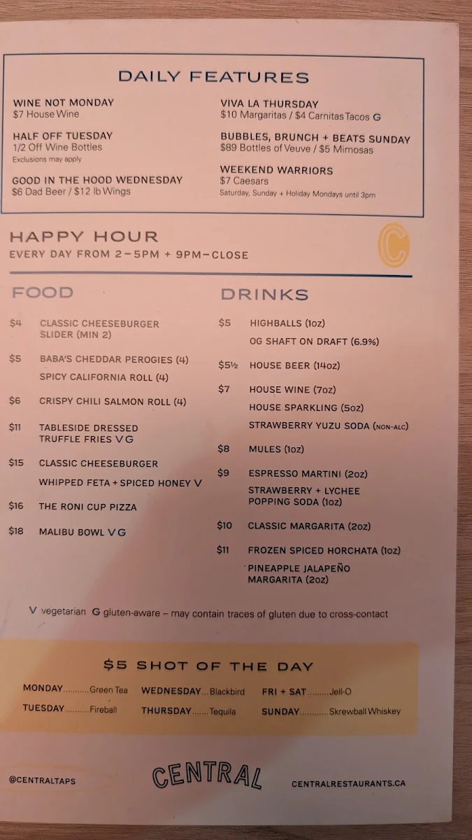 Menu, Central Restaurants - Vancouver Bentall