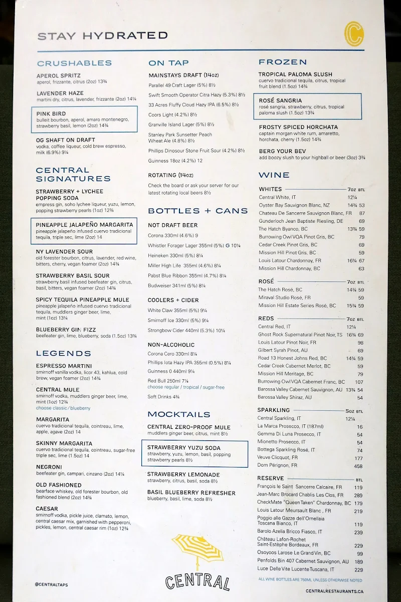 Menu, Central Restaurants - Vancouver Bentall