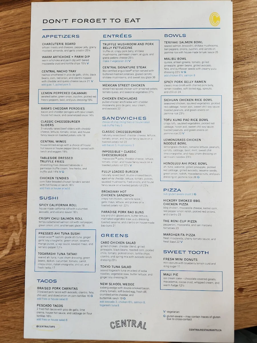 Menu, Central Restaurants - Vancouver Bentall