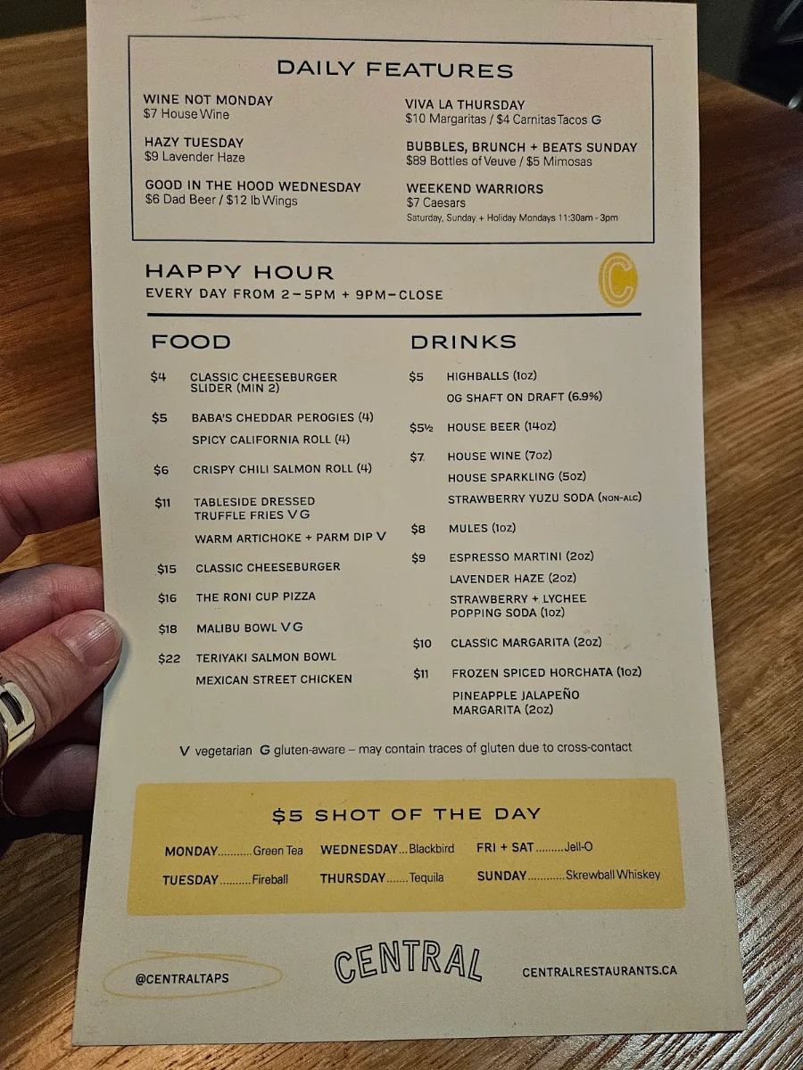 Menu, Central Restaurants - Vancouver Bentall