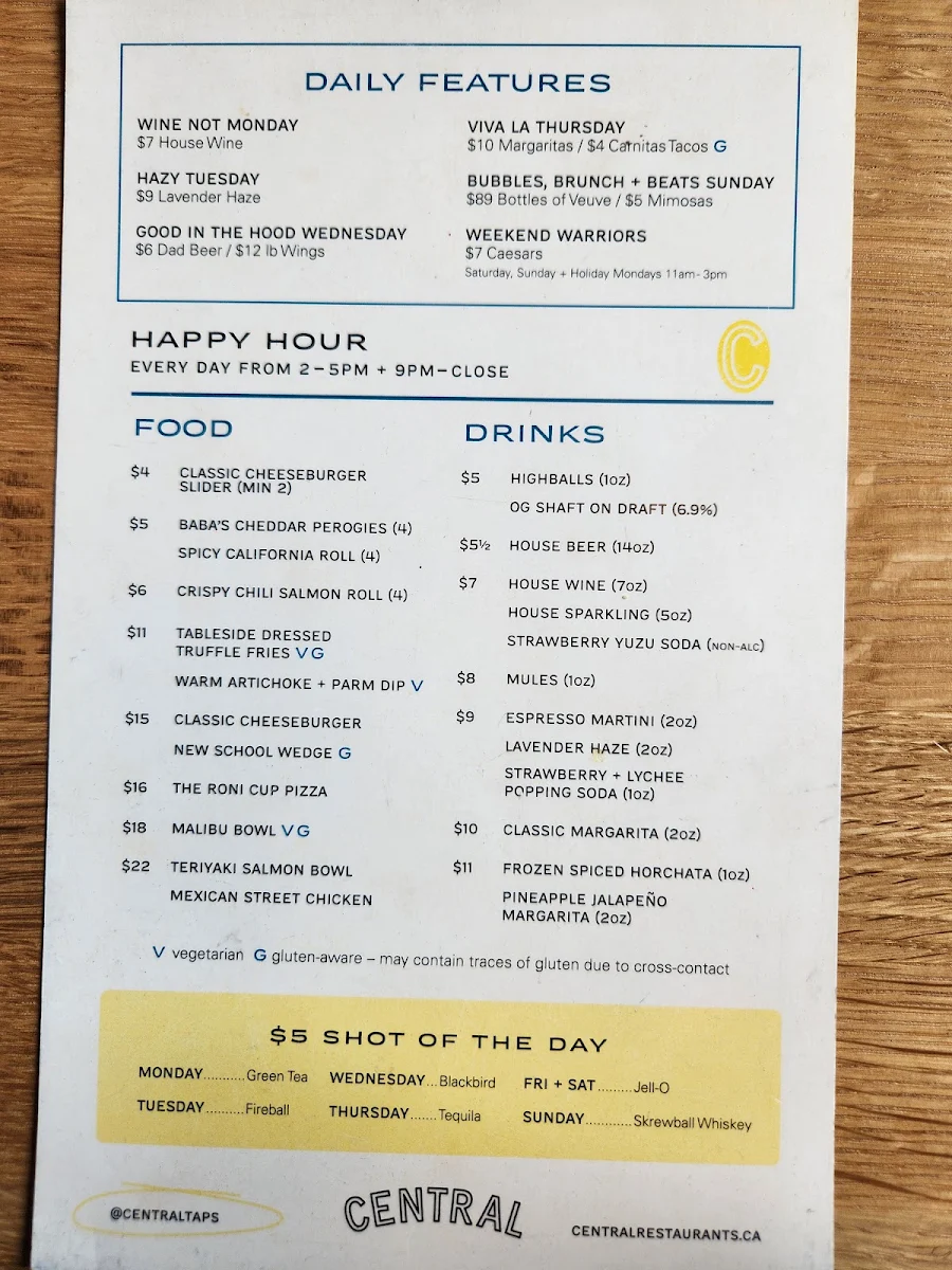 Menu, Central Restaurants - Vancouver Bentall