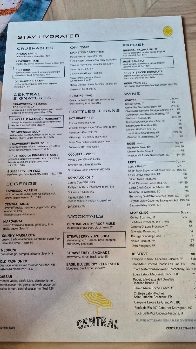 Menu, Central Restaurants - Vancouver Bentall