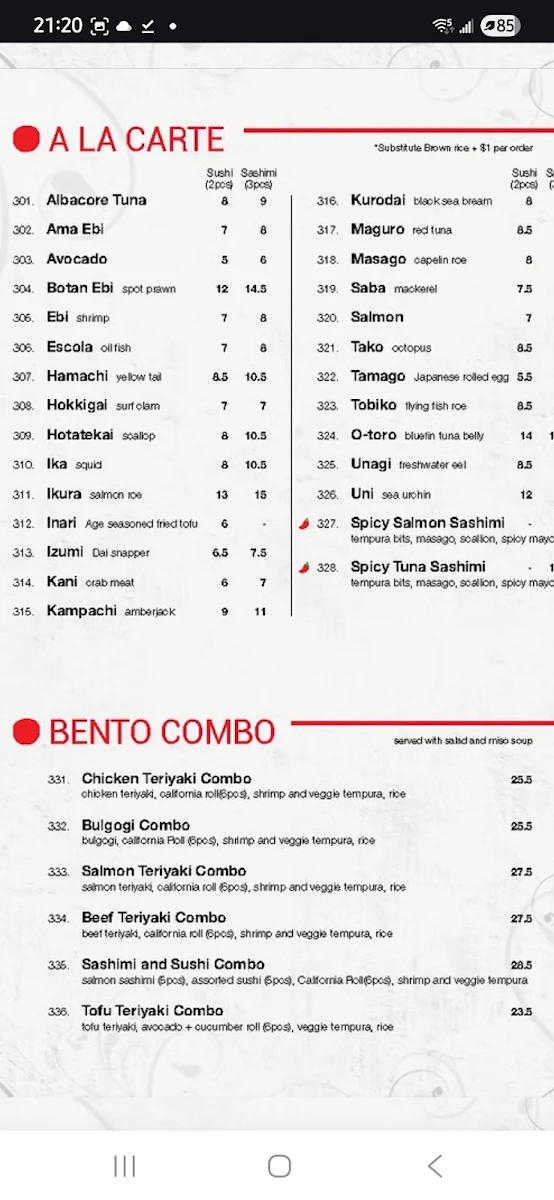 Menu, To-Ne Sushi
