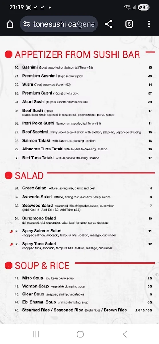 Menu, To-Ne Sushi