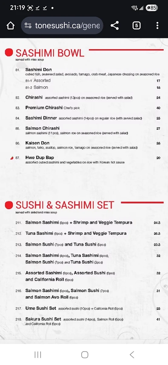 Menu, To-Ne Sushi