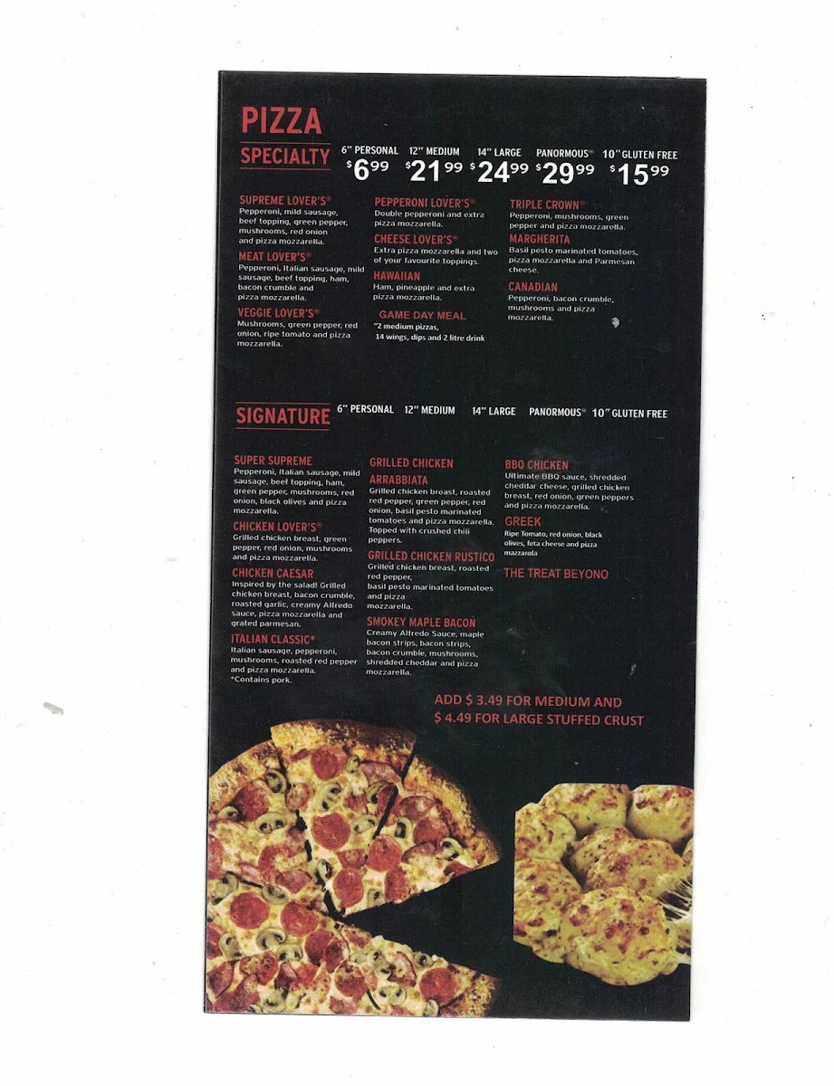 Menu, Pizza Hut Drumheller