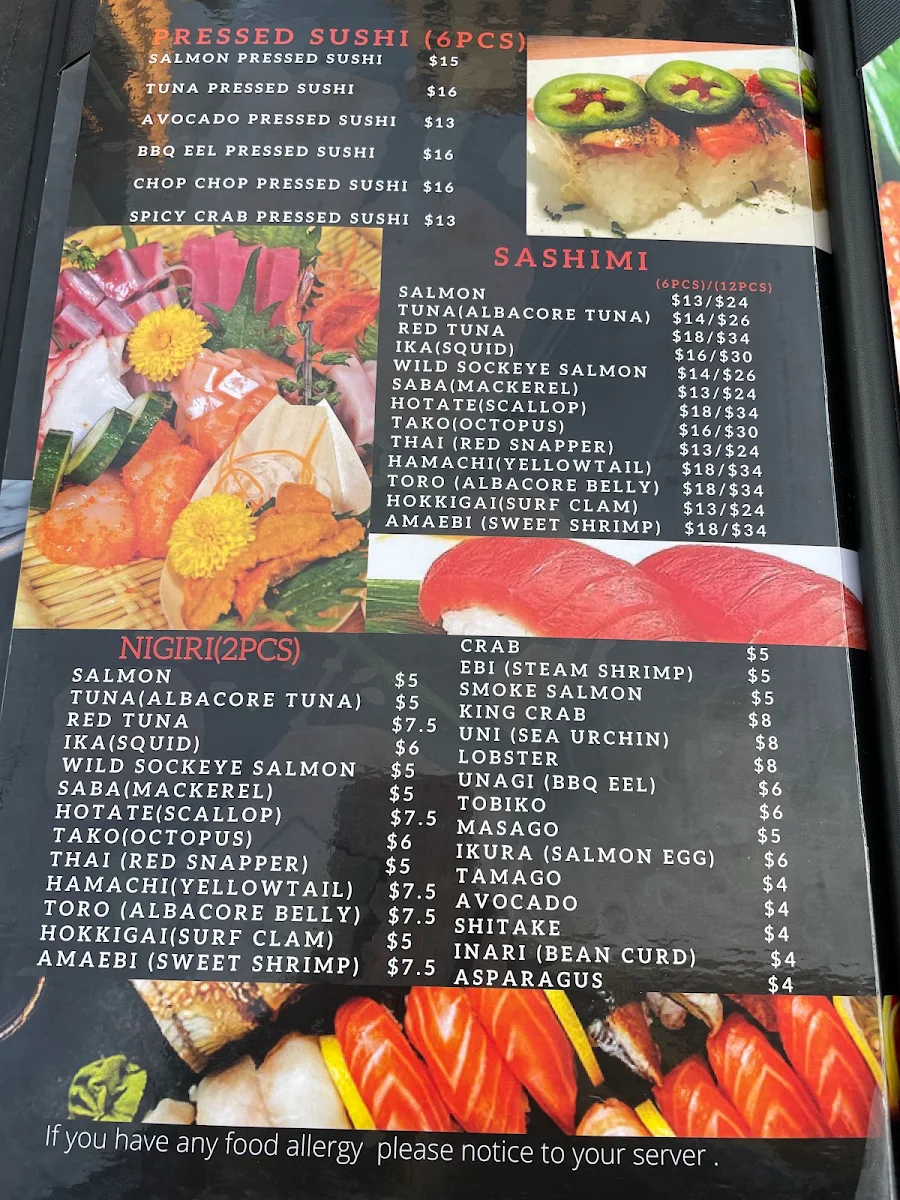 Menu, Shoyu Sushi