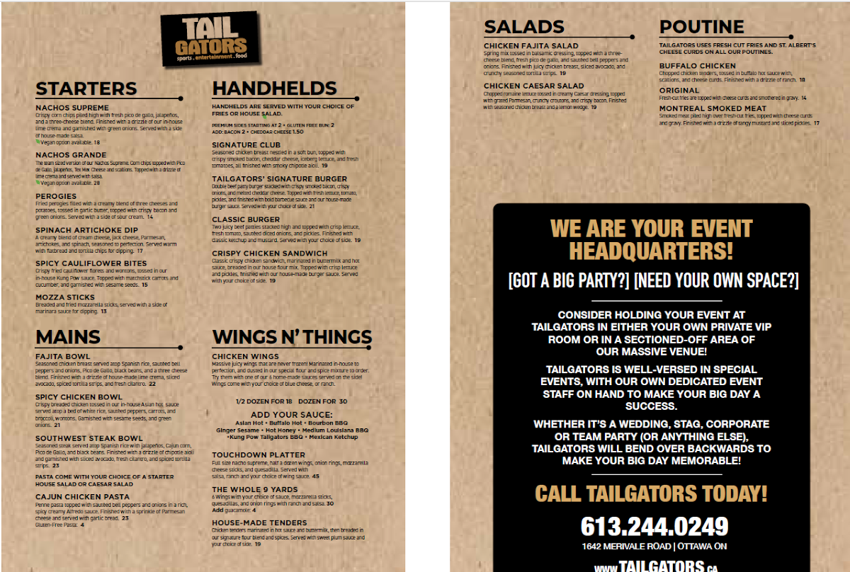 Menu, Tailgators