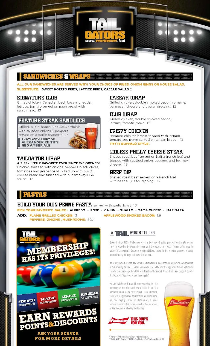 Menu, Tailgators