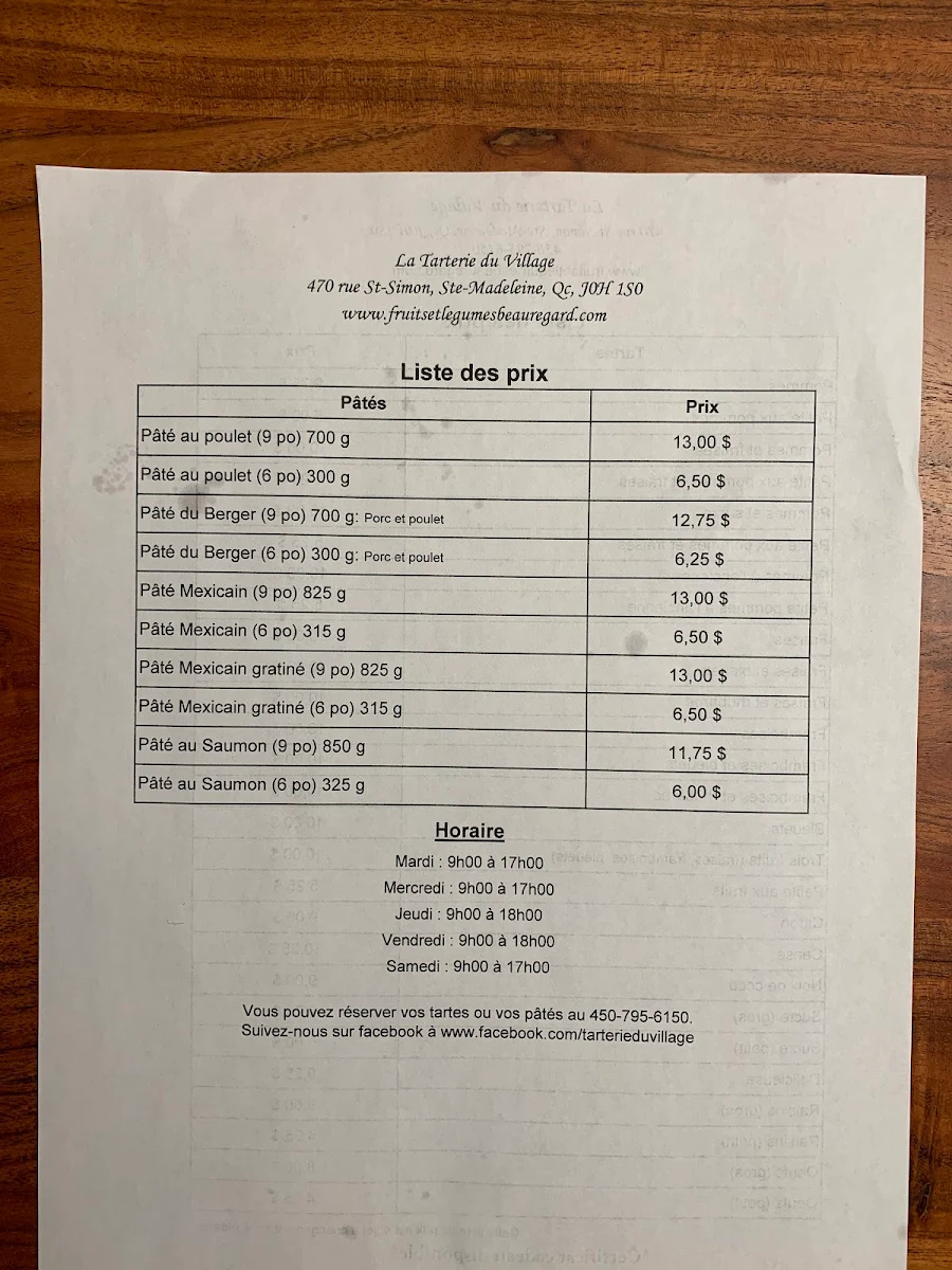 Menu, La Tarterie du village