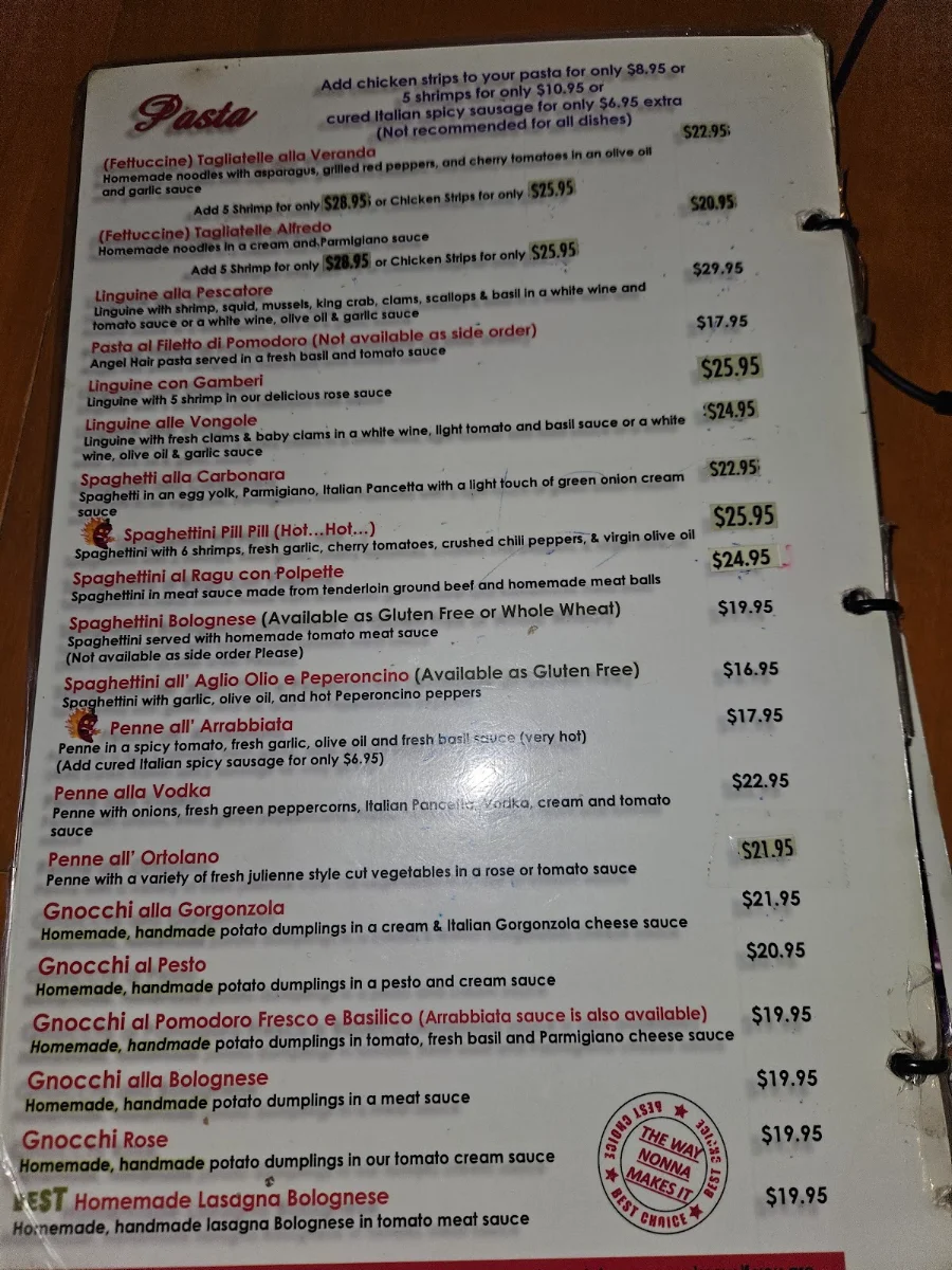 Menu, La Veranda Osteria