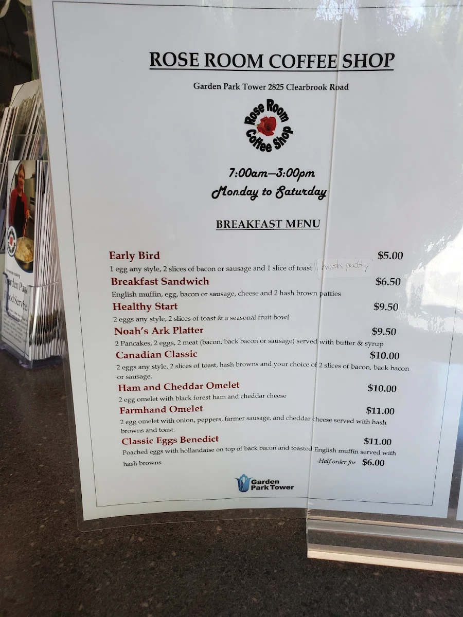 Menu, Rose Room Coffee Shop