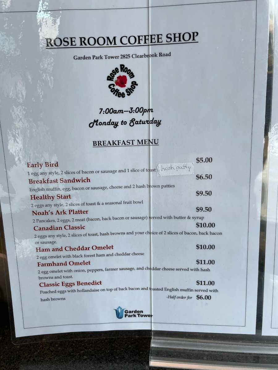 Menu, Rose Room Coffee Shop