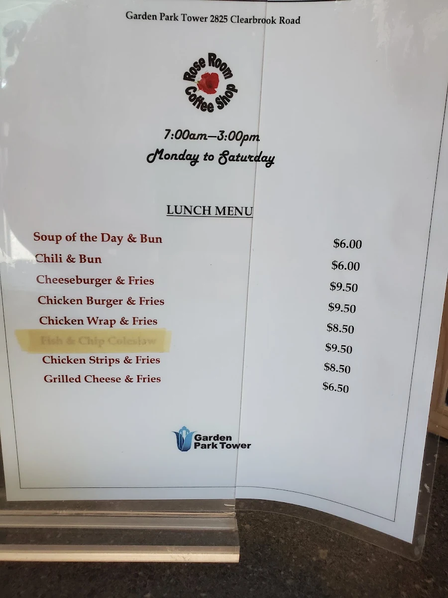 Menu, Rose Room Coffee Shop