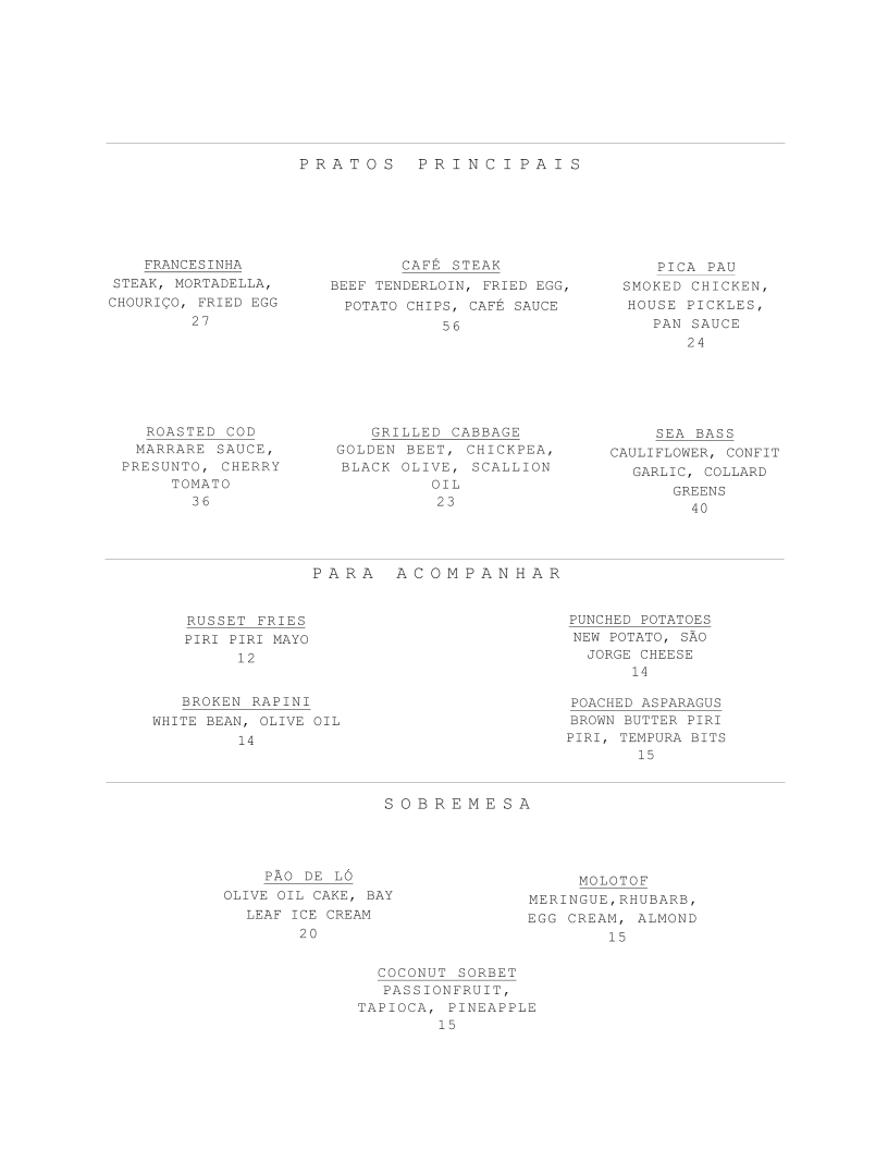 Menu, Taberna LX