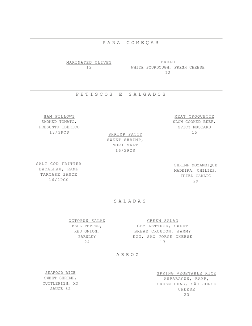 Menu, Taberna LX
