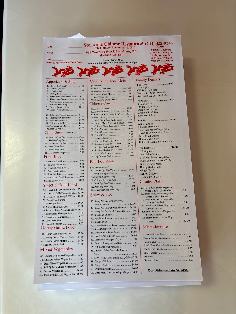 Menu, Ste. Anne Chinese Restaurant