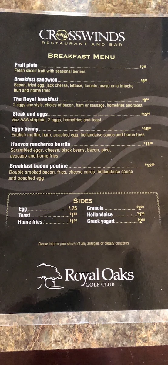 Menu, Crosswinds Restaurant and Bar