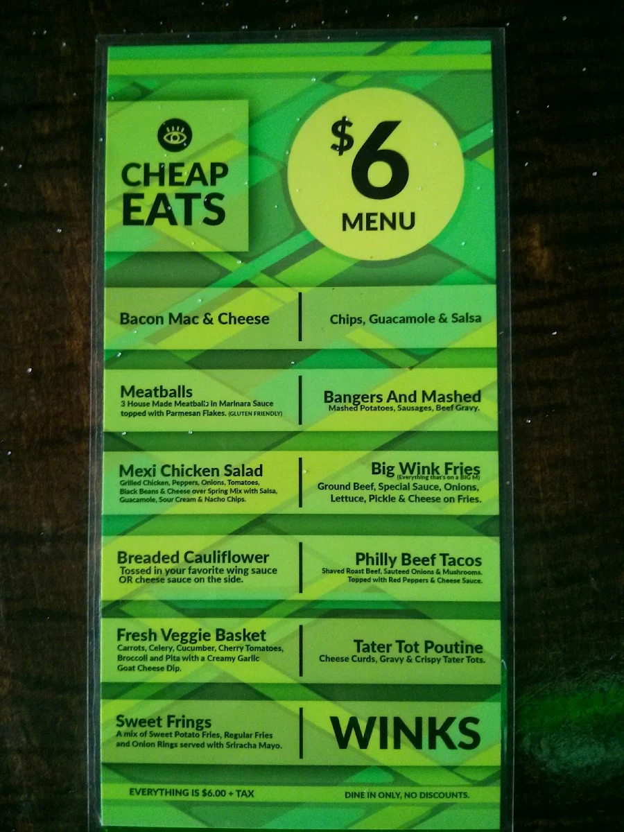 Menu, Winks Eatery