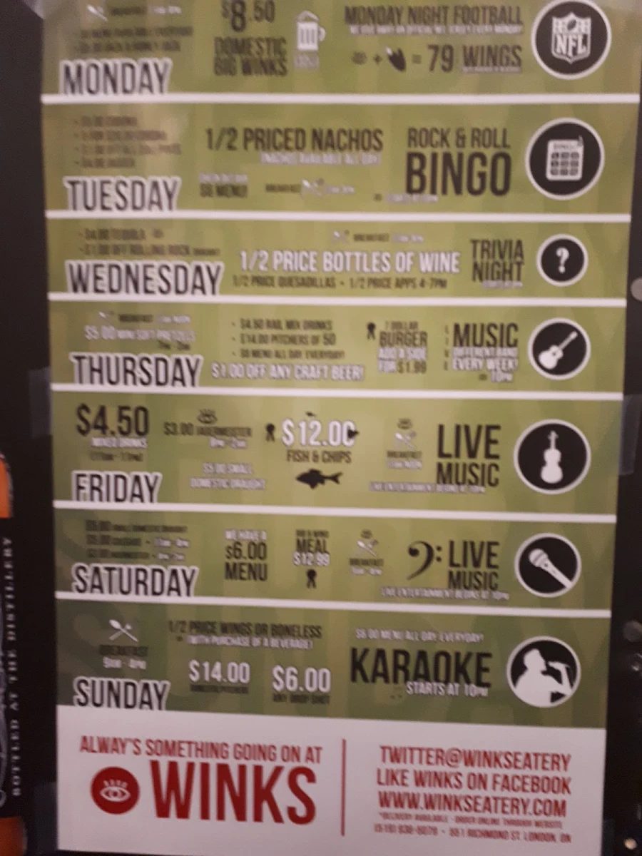 Menu, Winks Eatery