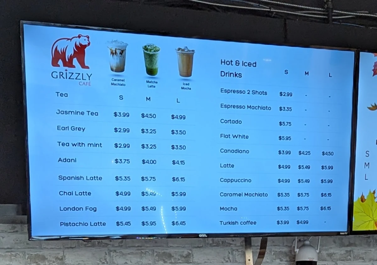 Menu, Grizzly Cafe
