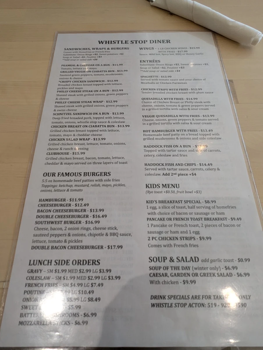 Menu, The Whistle Stop Acton