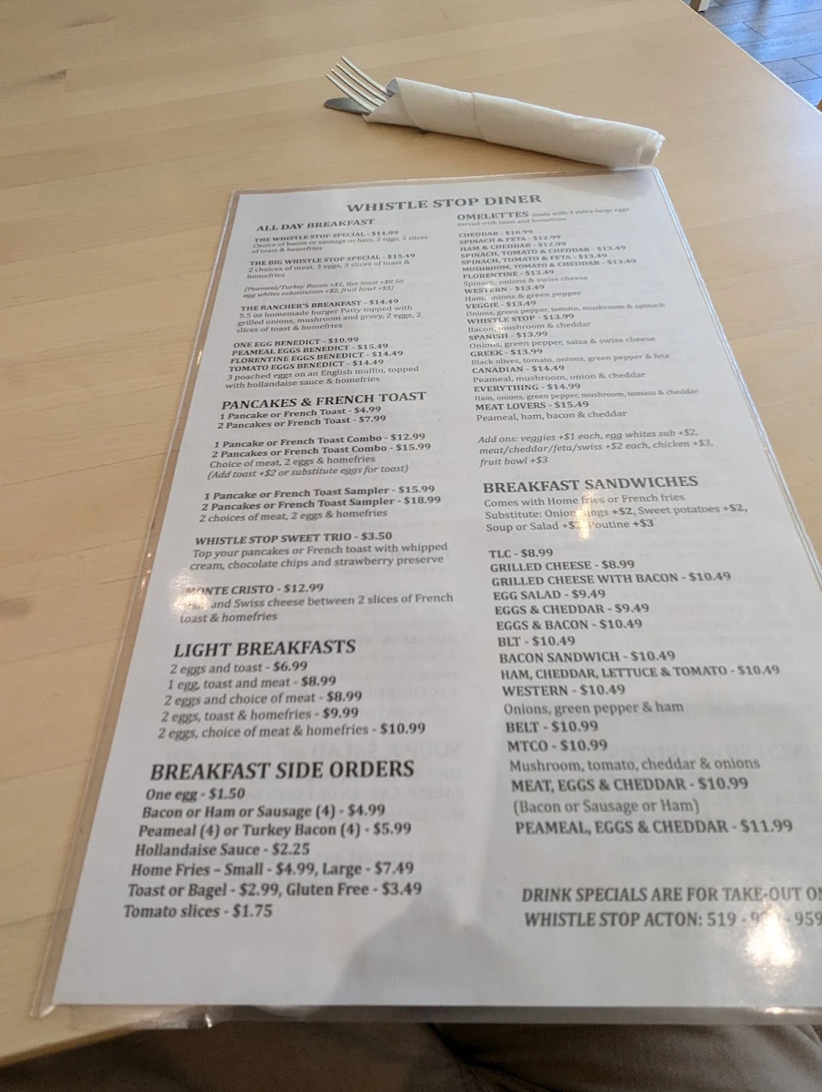 Menu, The Whistle Stop Acton