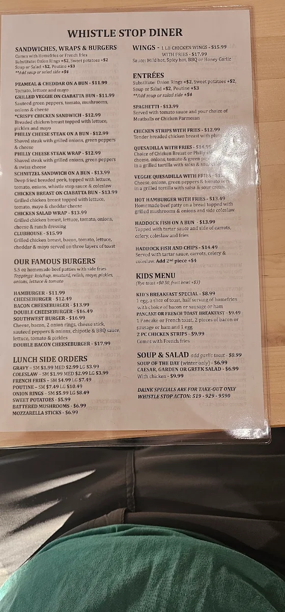 Menu, The Whistle Stop Acton