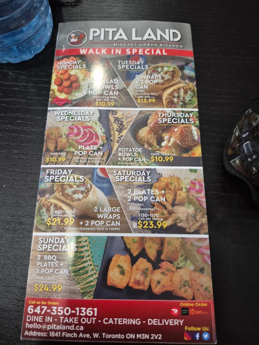Menu, Pita Land Shawarma - Finch