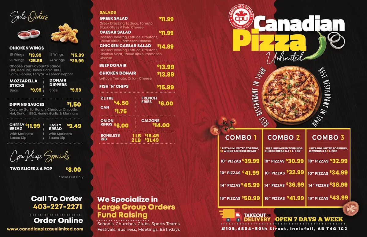 Menu, Canadian Pizza Unlimited innisfail