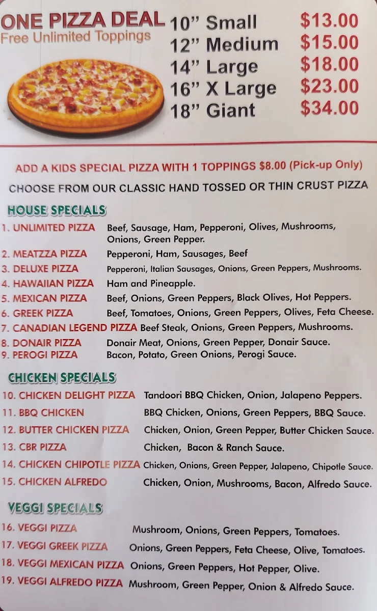 Menu, Canadian Pizza Unlimited innisfail