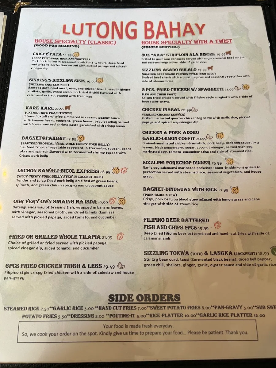 Menu, Sinaing Home of Filipino Cuisine