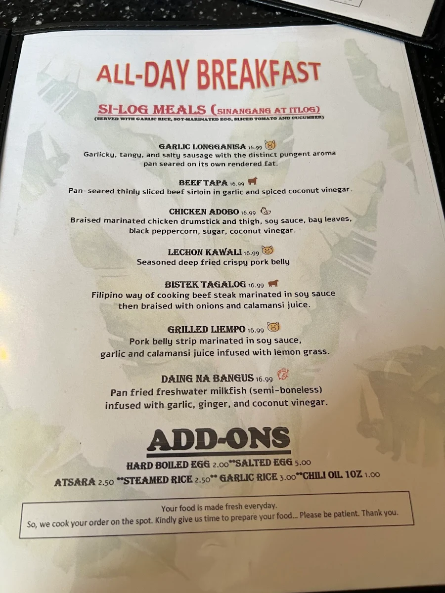 Menu, Sinaing Home of Filipino Cuisine