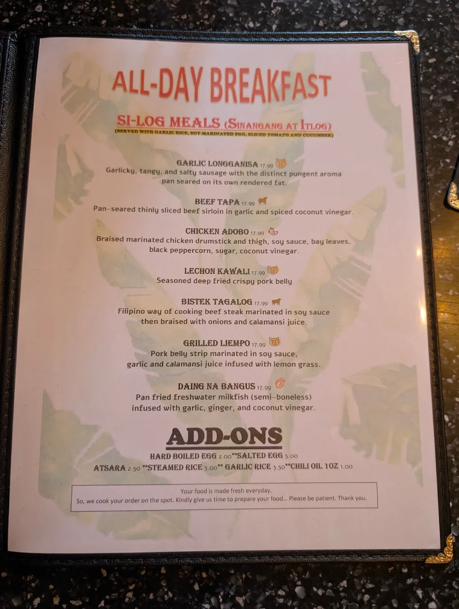 Menu, Sinaing Home of Filipino Cuisine