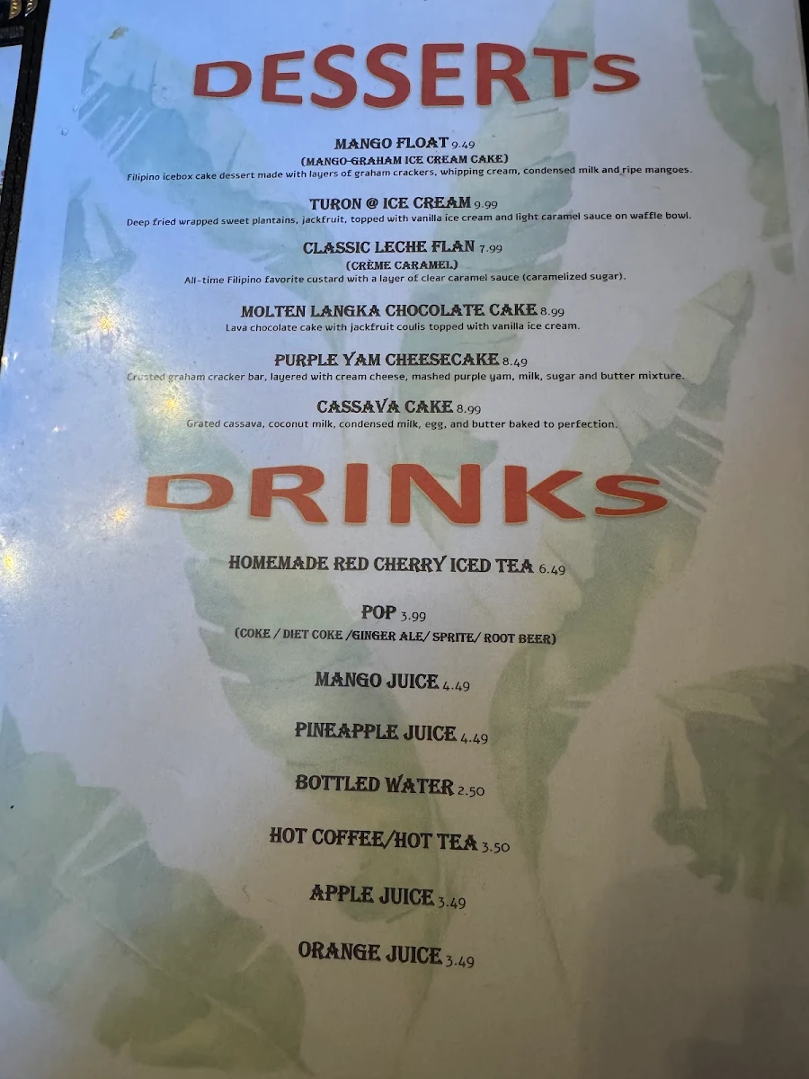 Menu, Sinaing Home of Filipino Cuisine