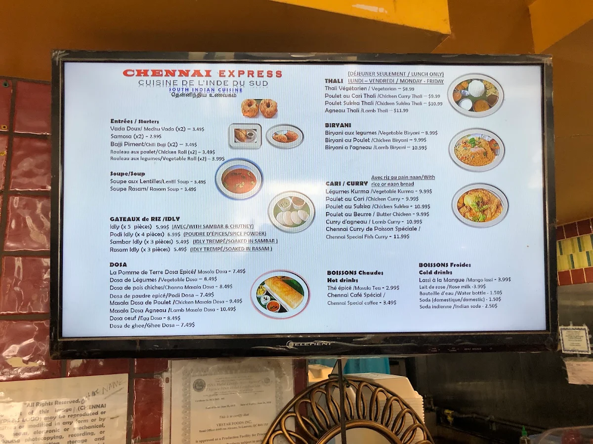 Menu, Chennai Express (South Indian Cuisine)