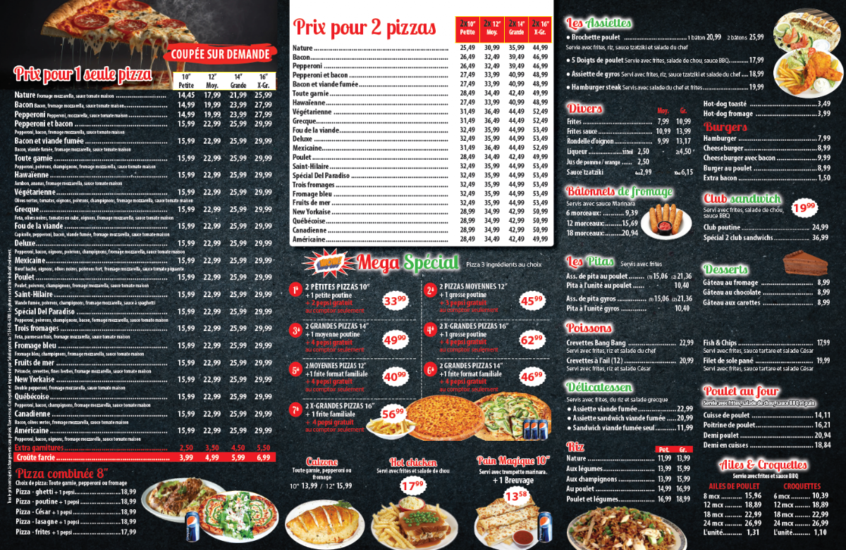 Menu, Restaurant del Paradiso (Belmont Pizzeria)