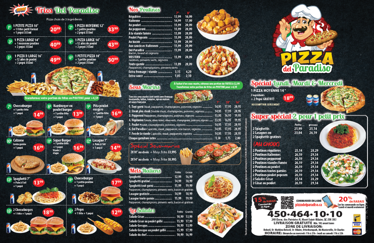 Menu, Restaurant del Paradiso (Belmont Pizzeria)