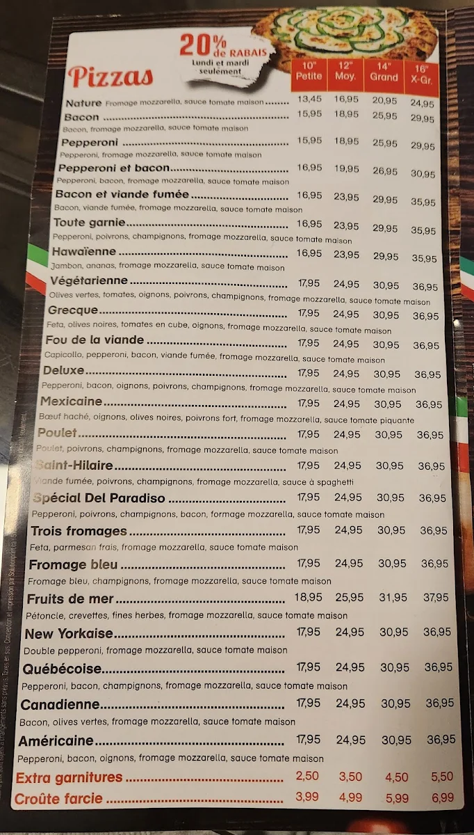 Menu, Restaurant del Paradiso (Belmont Pizzeria)