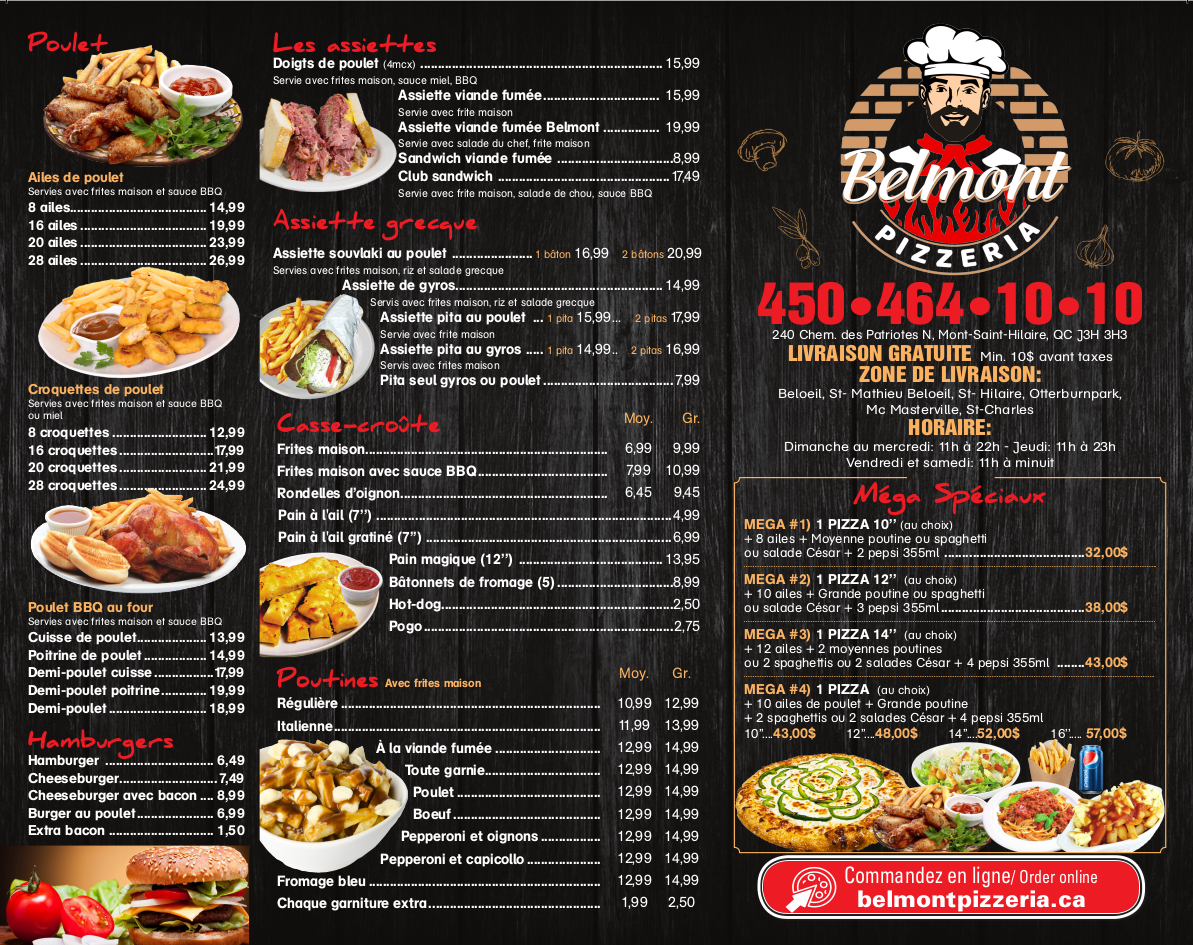 Menu, Restaurant del Paradiso (Belmont Pizzeria)
