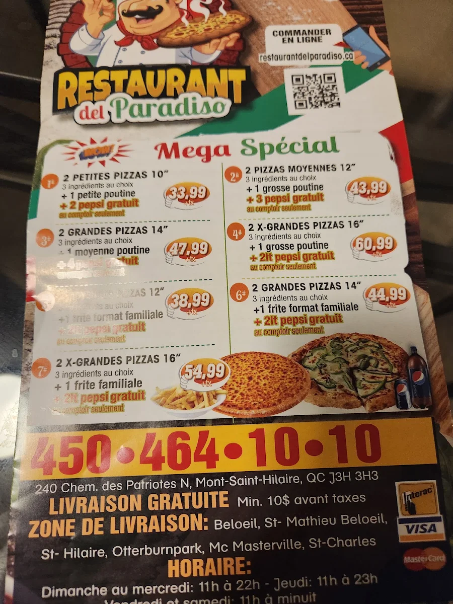 Menu, Restaurant del Paradiso (Belmont Pizzeria)