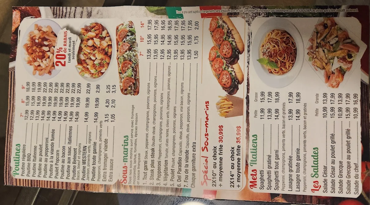 Menu, Restaurant del Paradiso (Belmont Pizzeria)