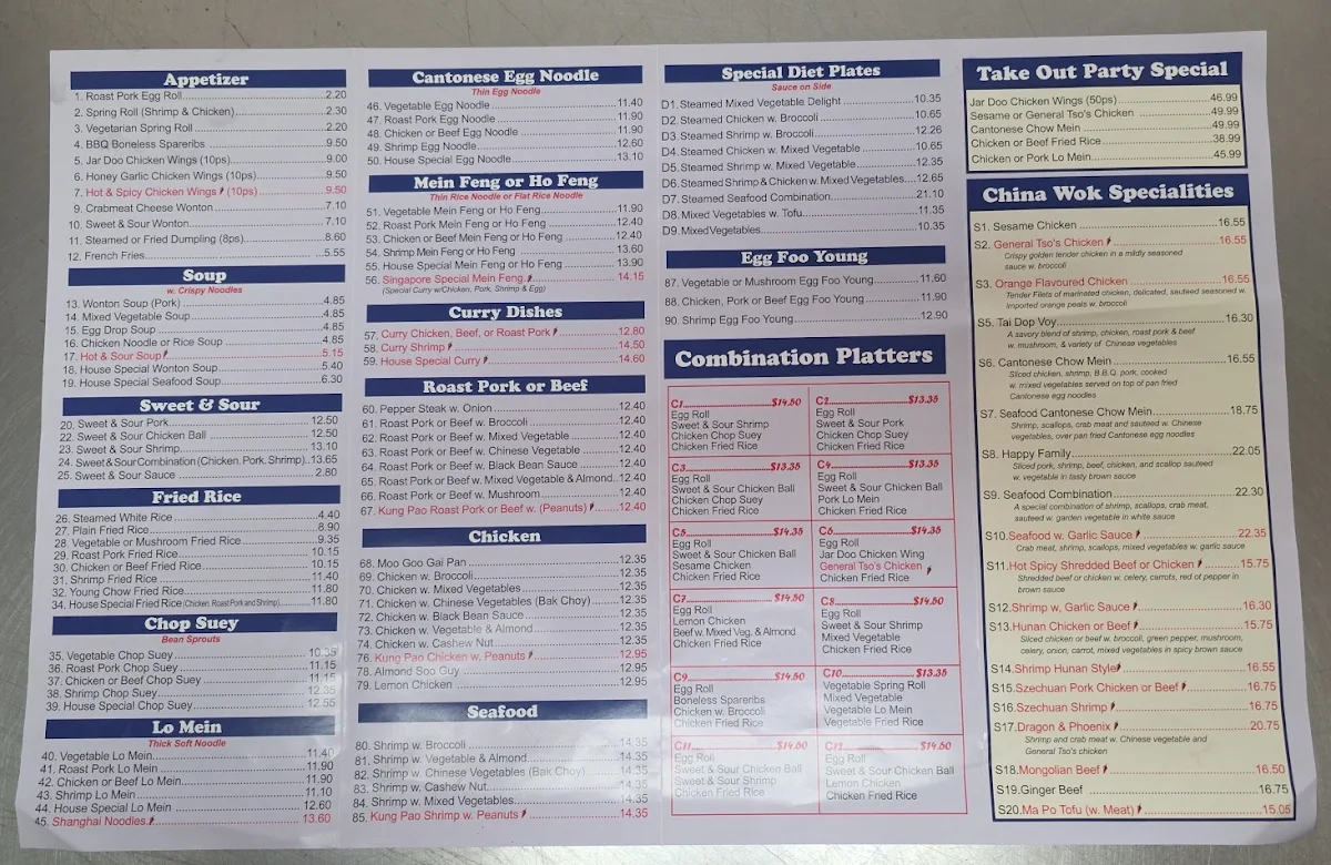 Menu, China Wok