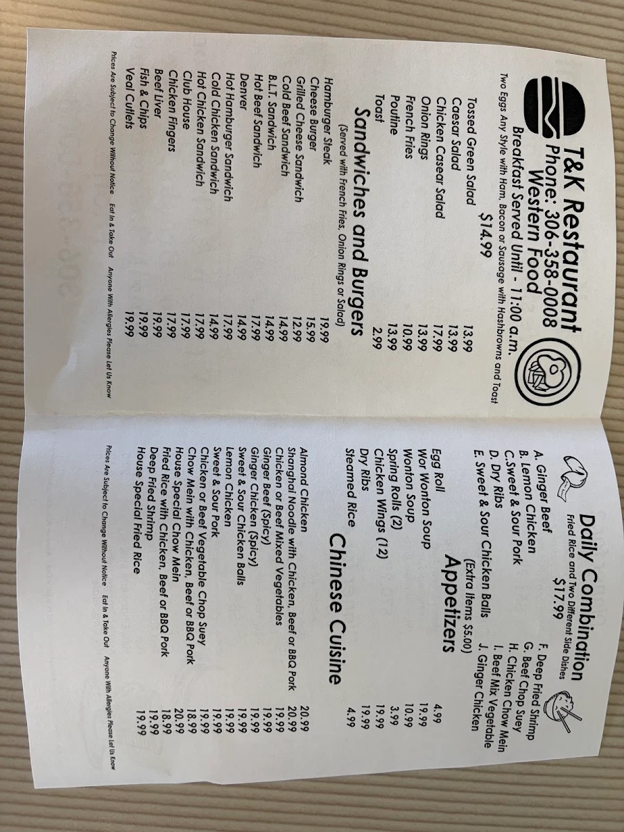 Menu, T & K Restaurant