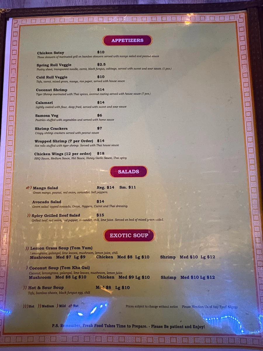 Menu, Thai Elephant