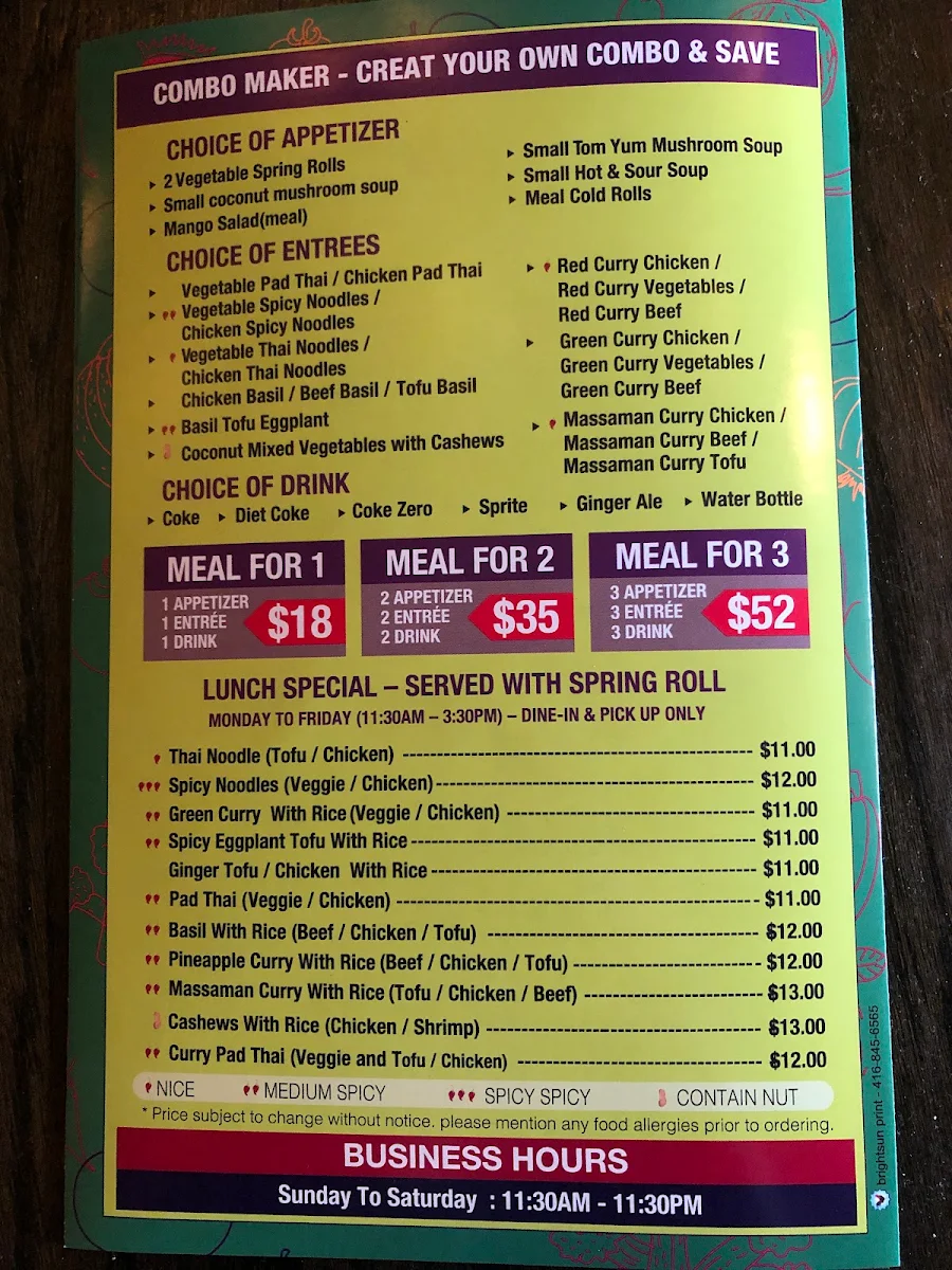 Menu, Thai Elephant