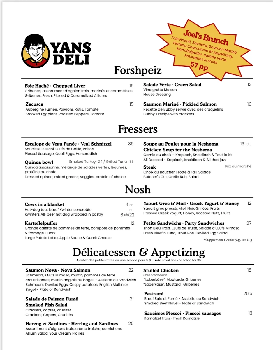 Menu, Restaurant Yans Deli, Steakhouse & Grill