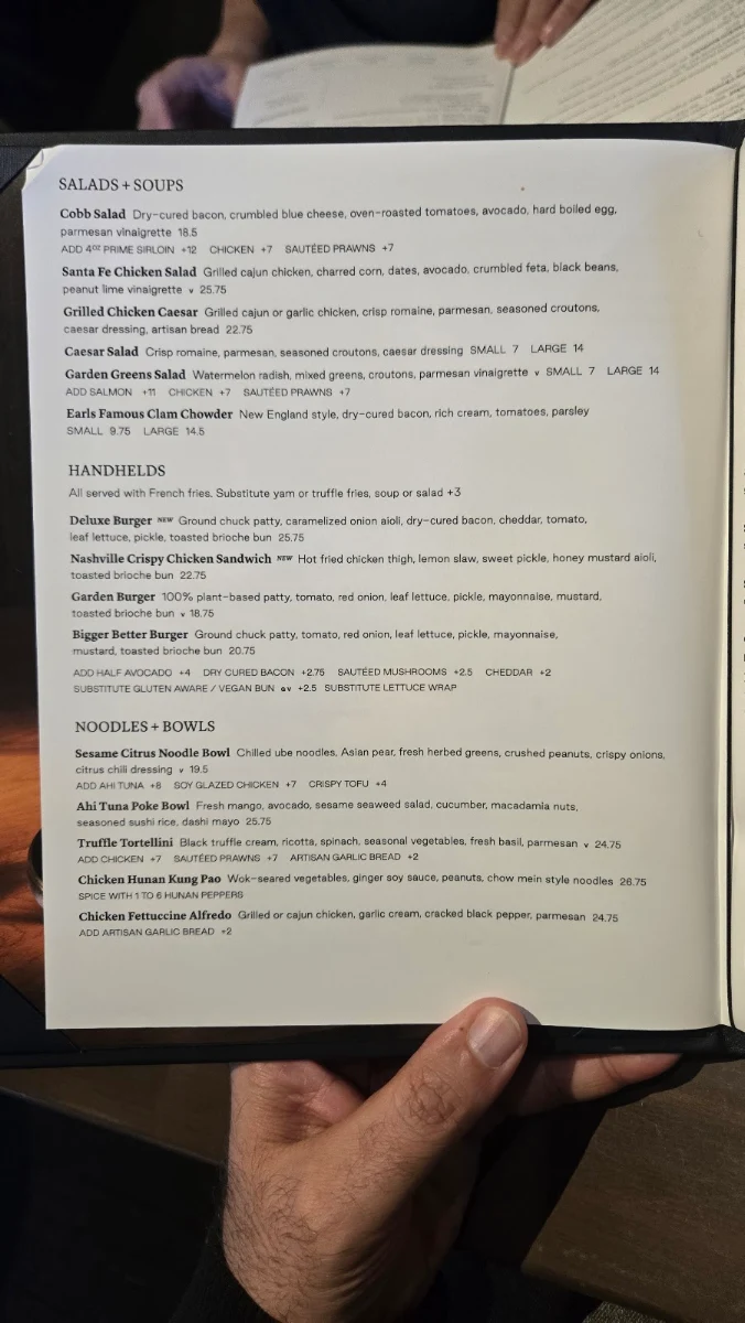 Menu, Earls Kitchen + Bar